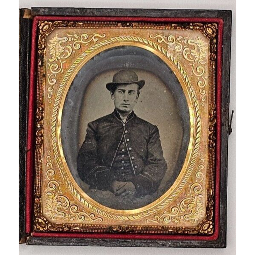 1/6th Tintype Of A Man In Union Uniform Wearing A Derby Hat In A Union Case